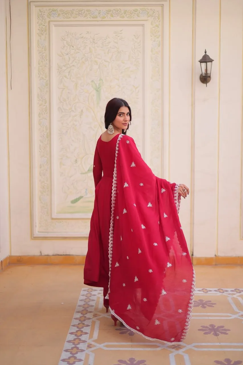 Red Anarkali Suit with Embroidery