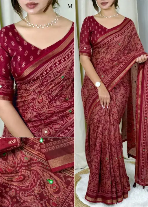 Red Color Ajrakh Printed Saree