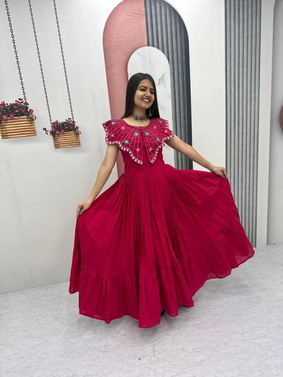 Red Handwork work Designer Gown