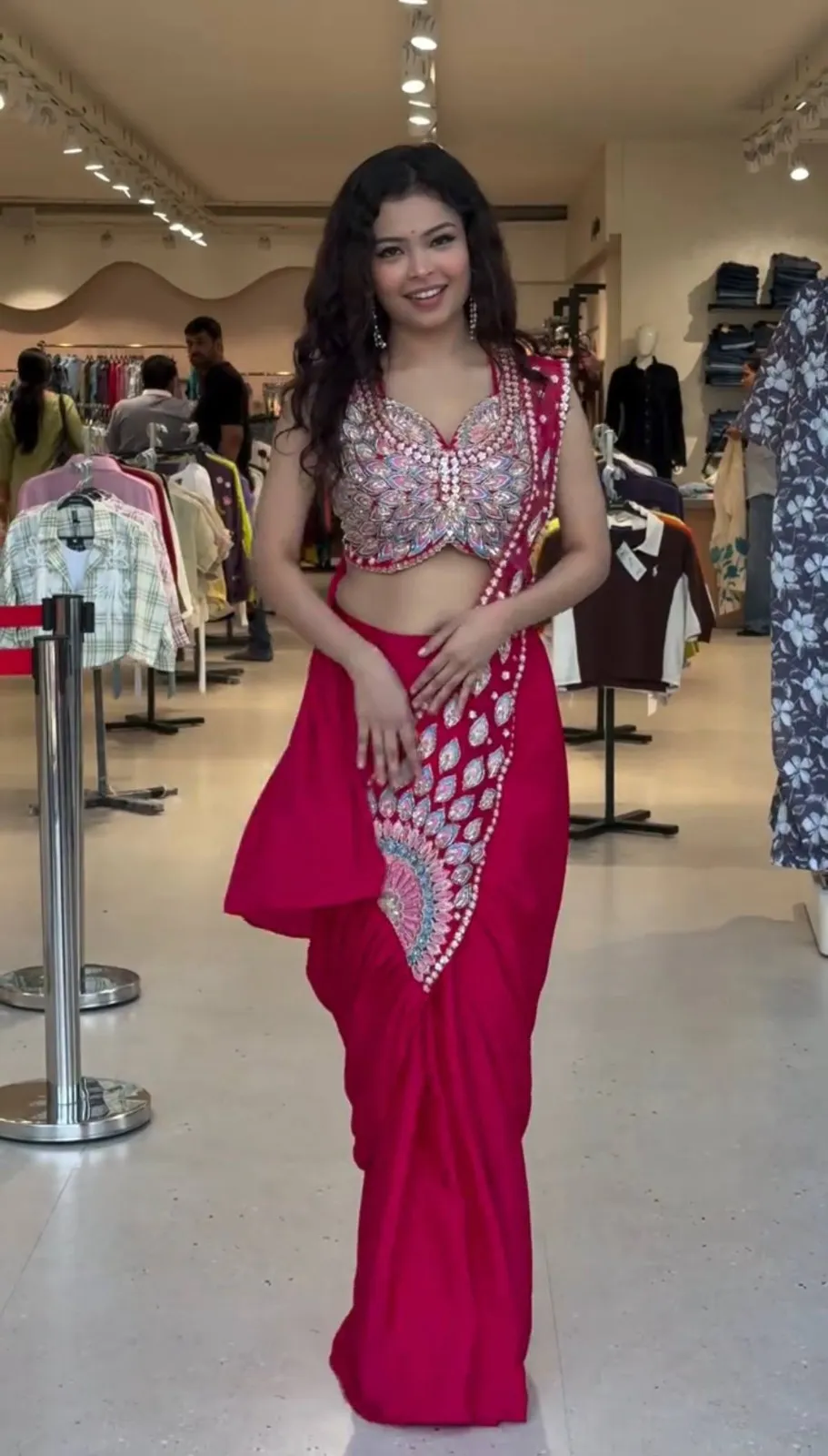 Red Peacock Readymade Pre Drape Saree