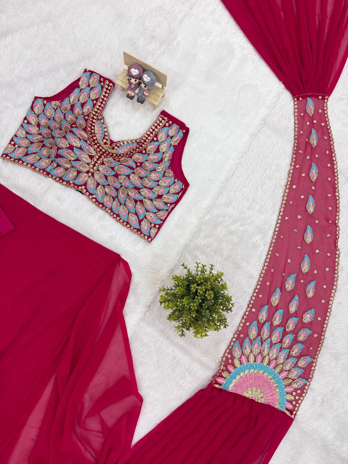 Red Peacock Readymade Pre Drape Saree