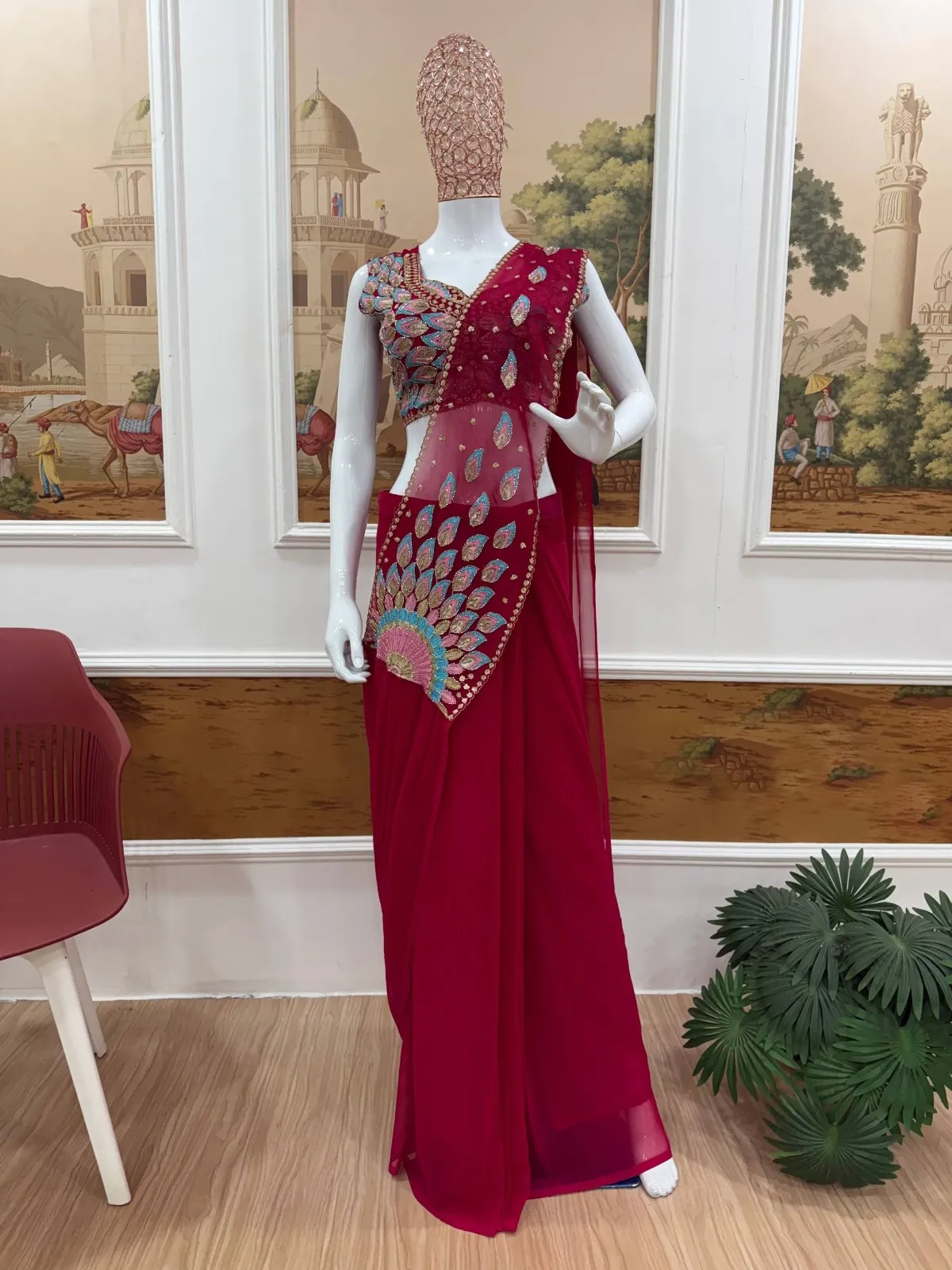 Red Peacock Readymade Pre Drape Saree