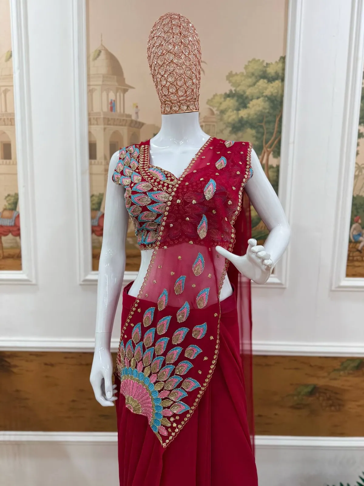Red Peacock Readymade Pre Drape Saree