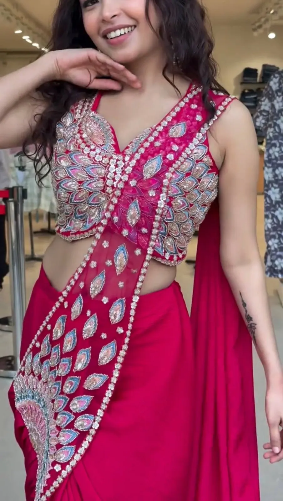 Red Peacock Readymade Pre Drape Saree