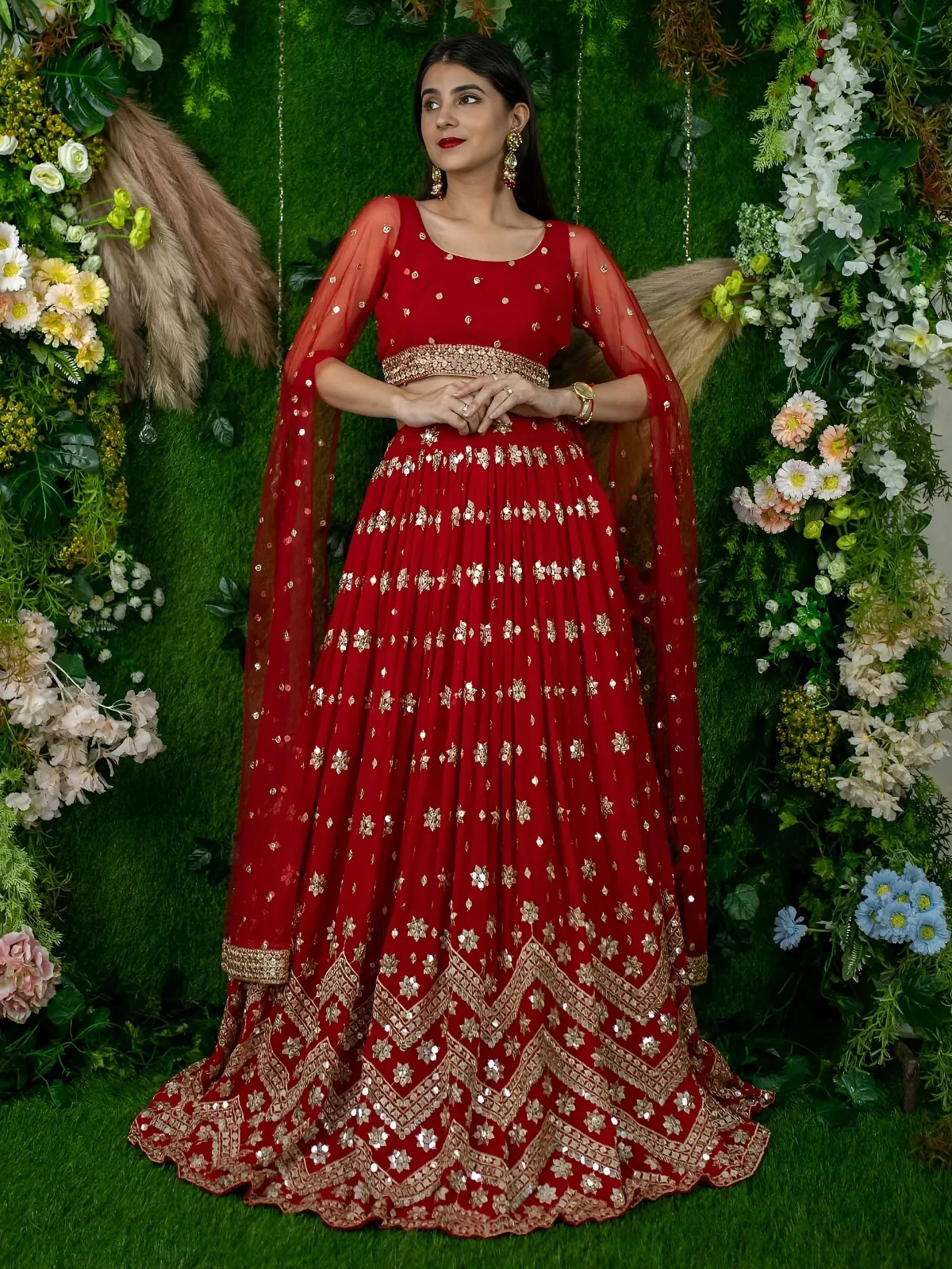 Red Sequins Embroidered Lehenga with Designer Blouse