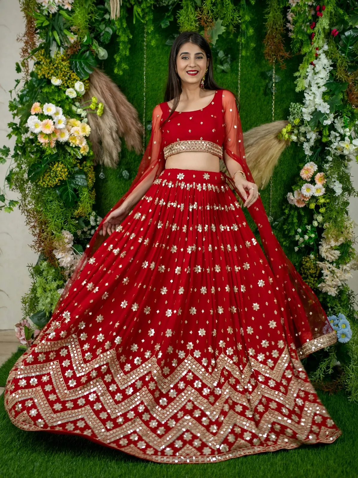 Red Sequins Embroidered Lehenga with Designer Blouse
