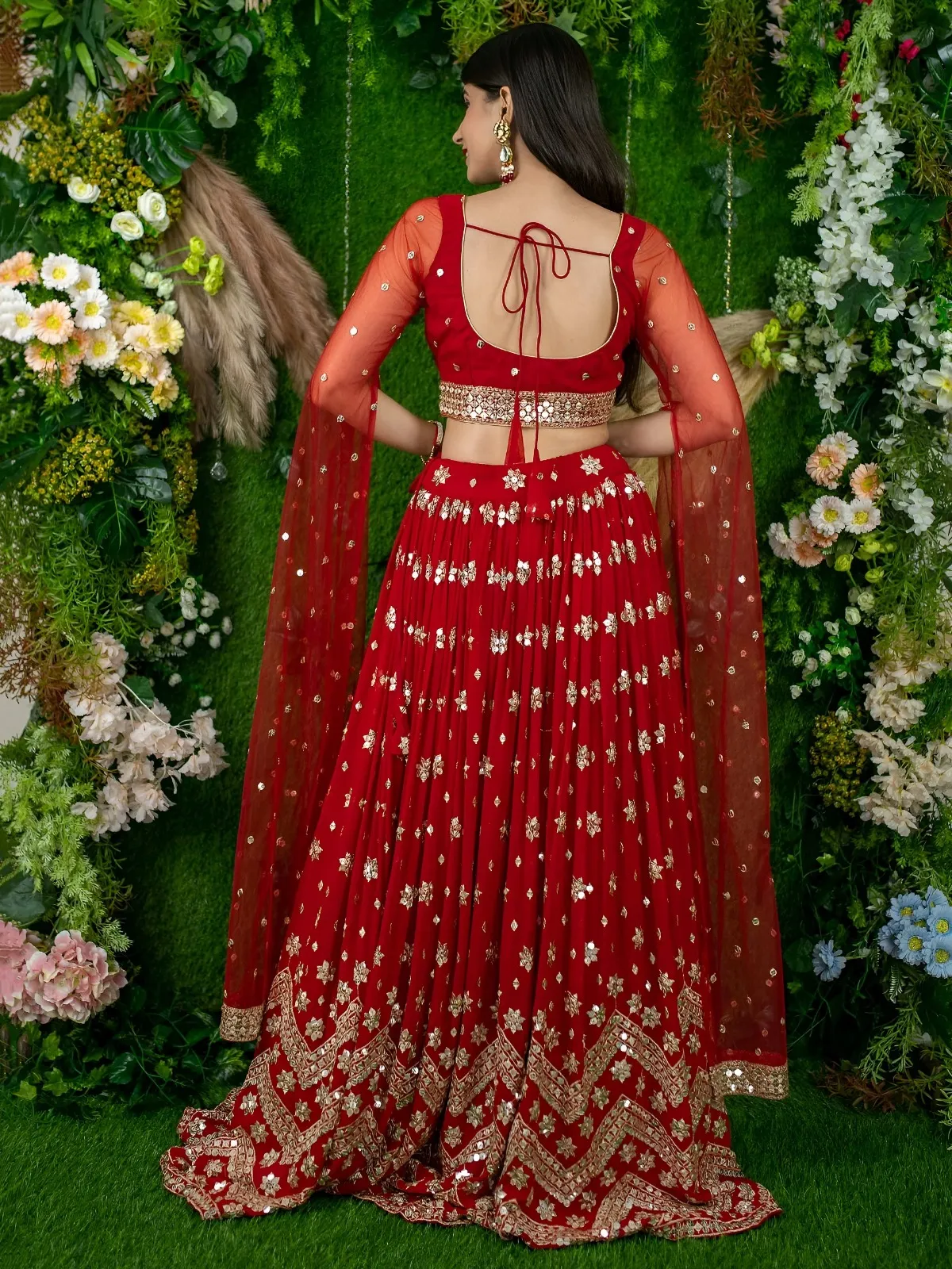 Red Sequins Embroidered Lehenga with Designer Blouse