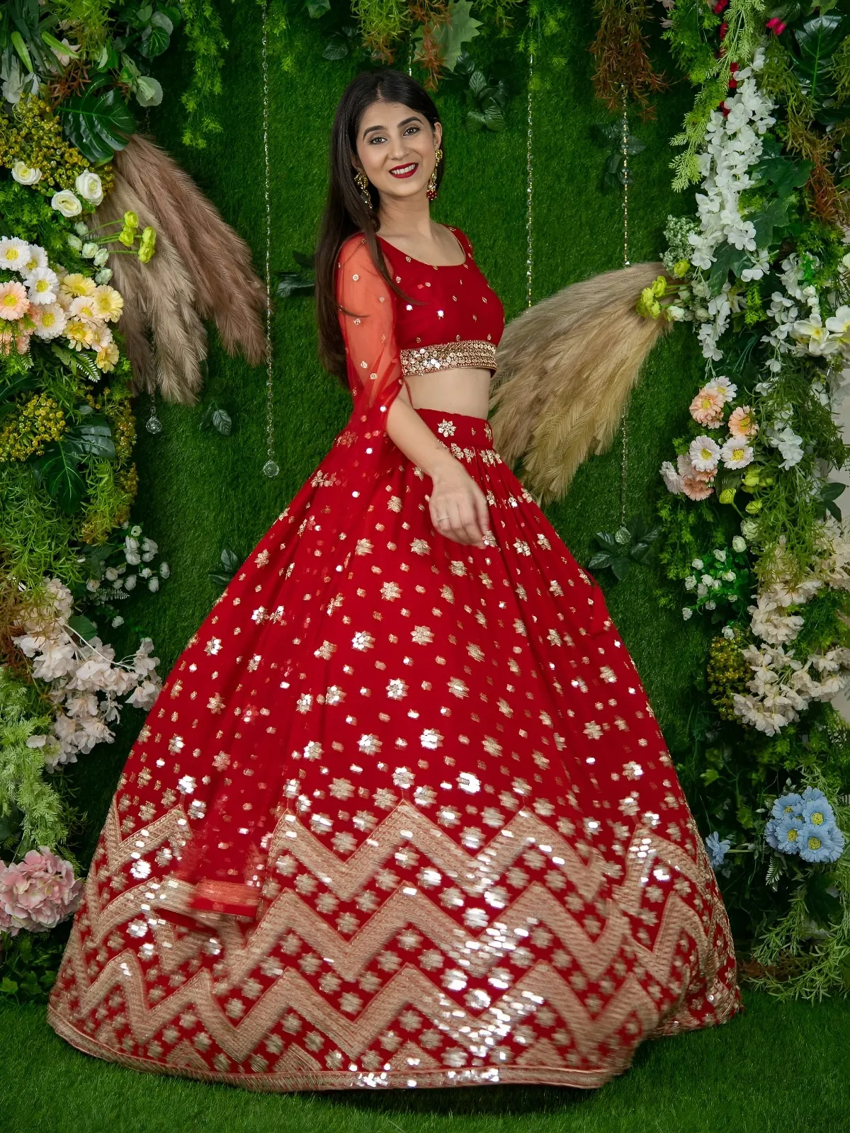 Red Sequins Embroidered Lehenga with Designer Blouse