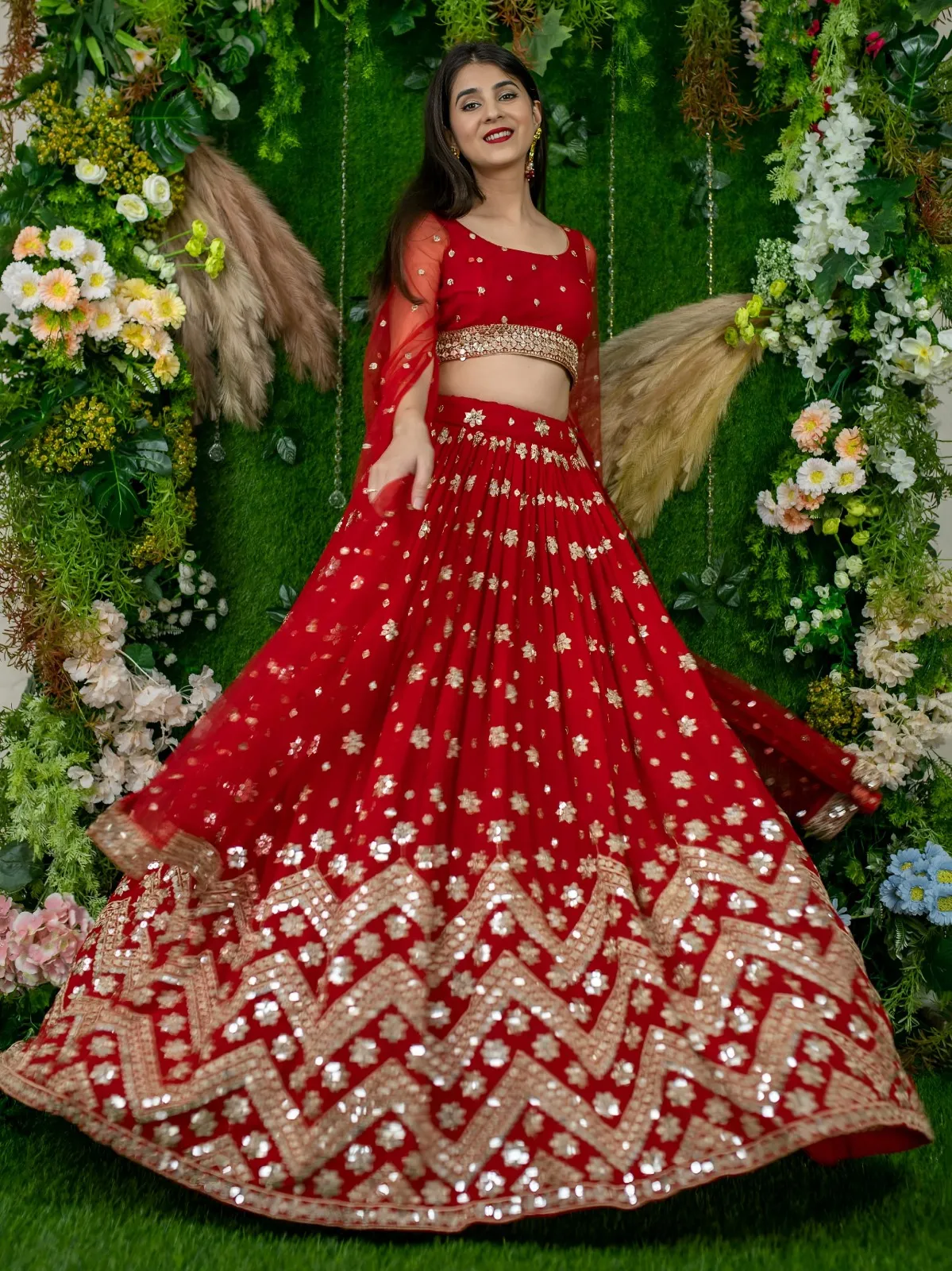 Red Sequins Embroidered Lehenga with Designer Blouse