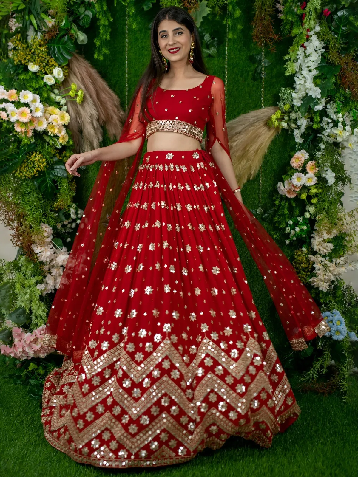 Red Sequins Embroidered Lehenga with Designer Blouse