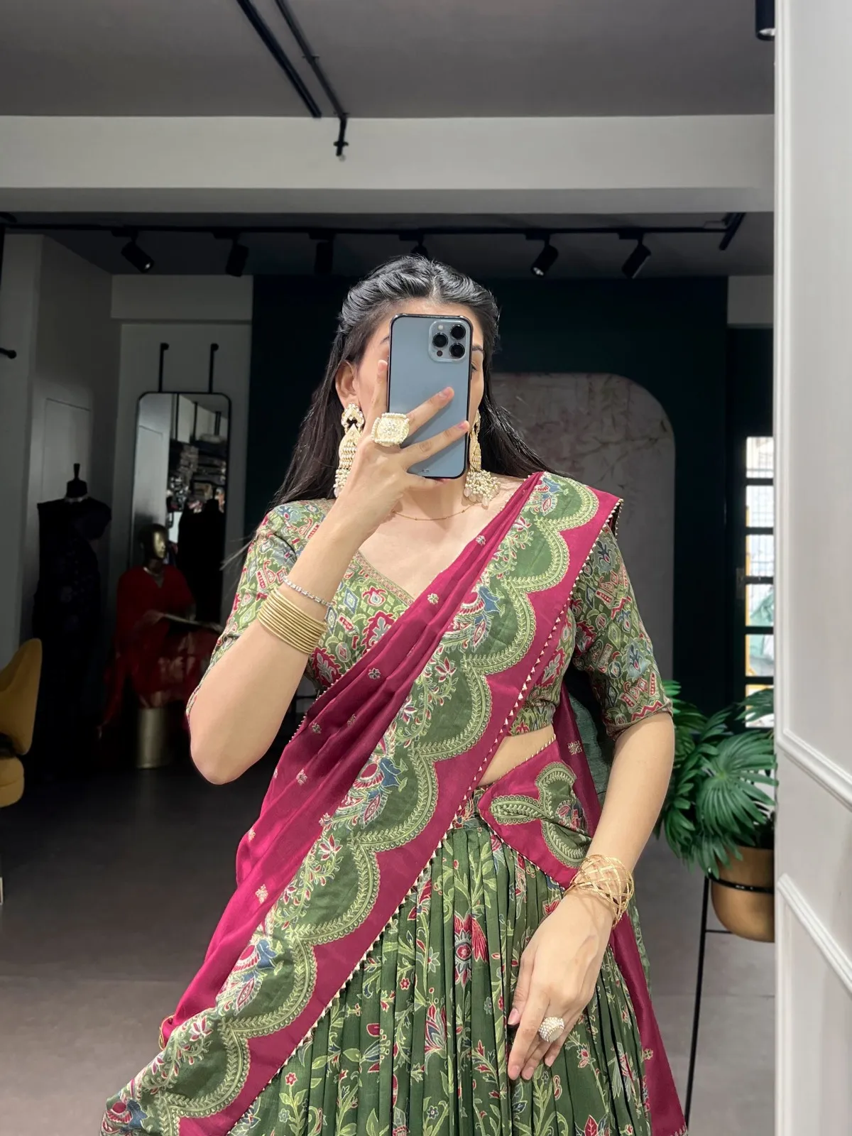 Silk Printed Lehenga Choli Green Color