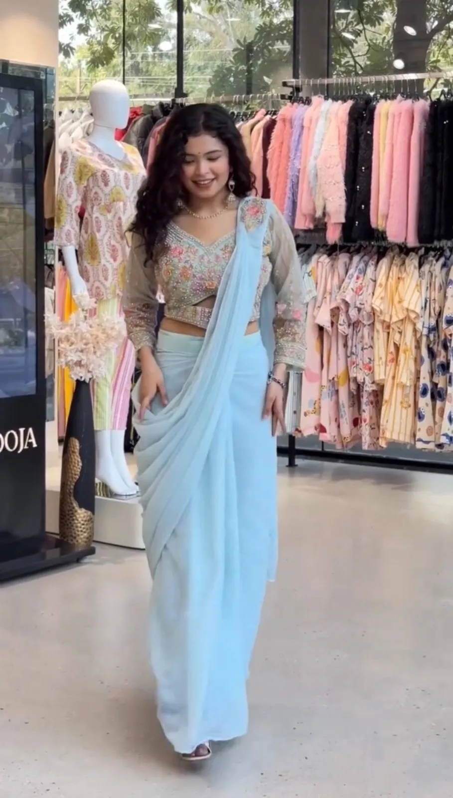 Sky Blue Readymade Saree with Embroidery Blouse and Belt