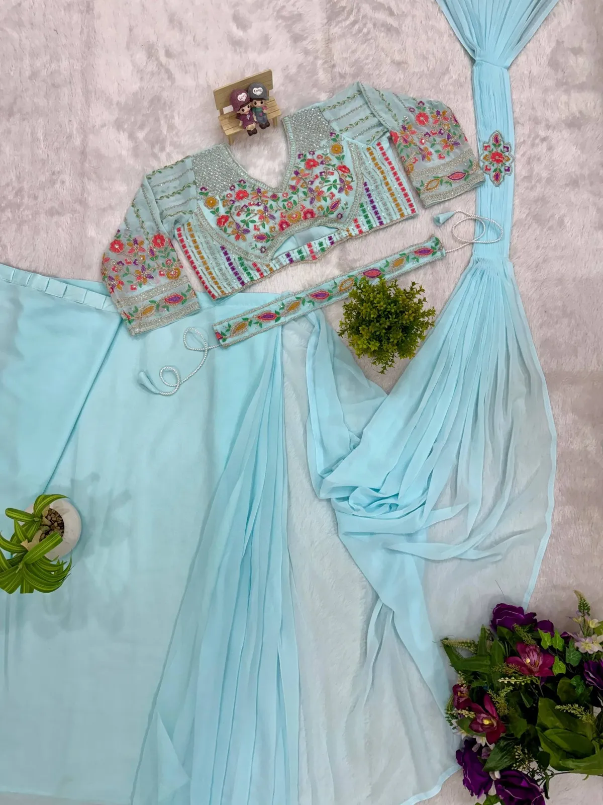 Sky Blue Readymade Saree with Embroidery Blouse and Belt