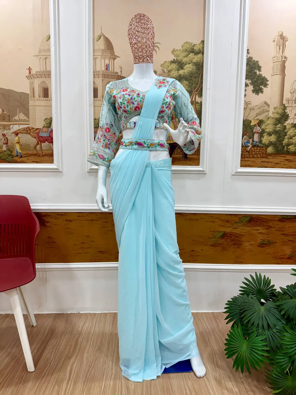 Sky Blue Readymade Saree with Embroidery Blouse and Belt