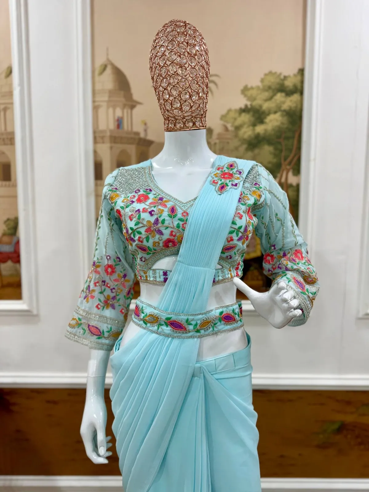 Sky Blue Readymade Saree with Embroidery Blouse and Belt