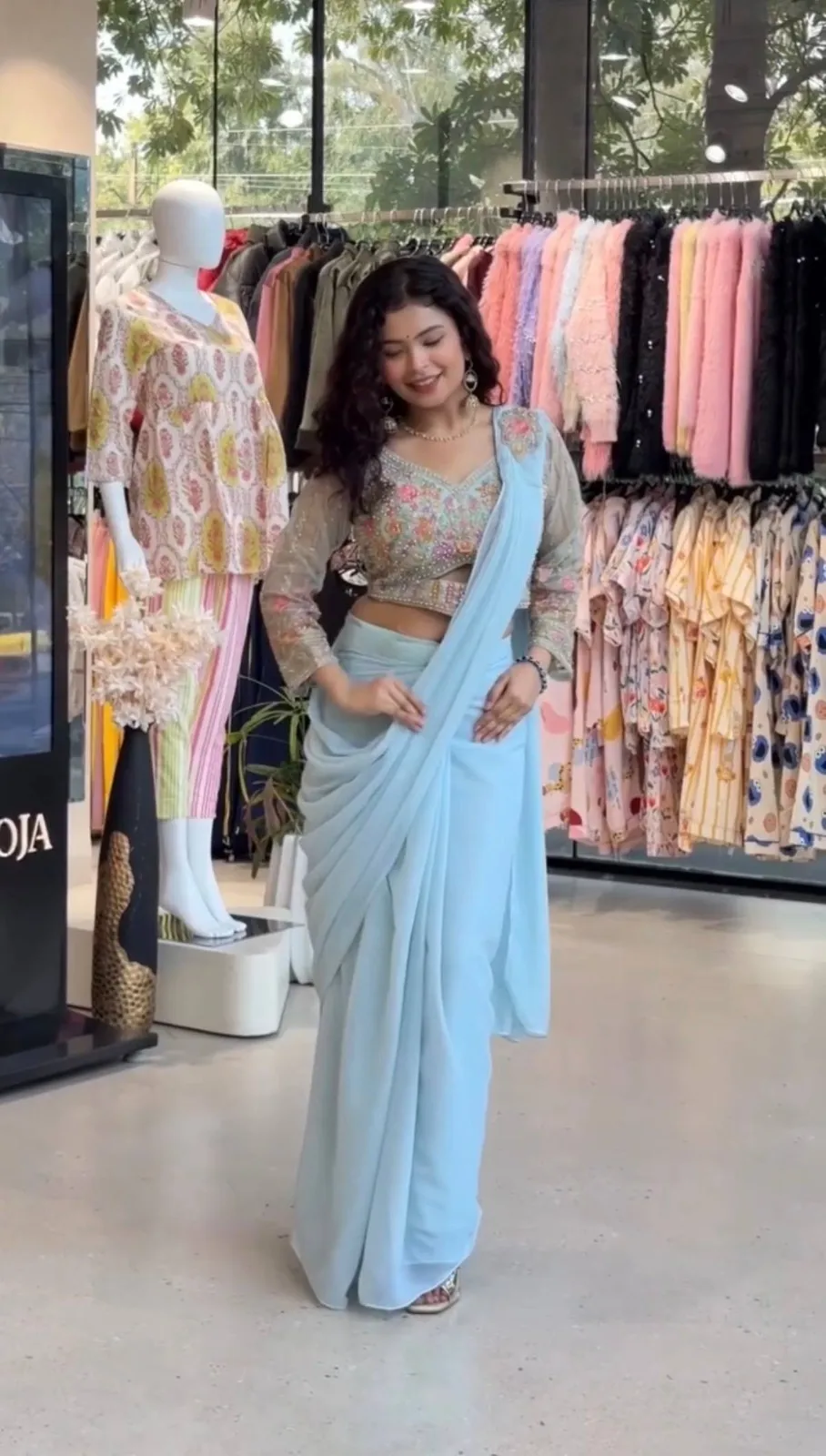 Sky Blue Readymade Saree with Embroidery Blouse and Belt