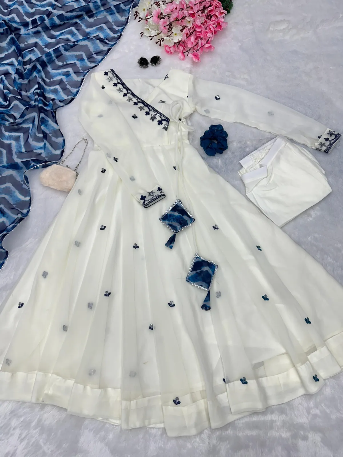 White Anarkali Suit with Blue Embroidery 3 Piece