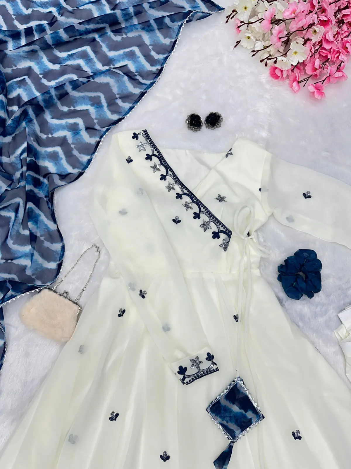 White Anarkali Suit with Blue Embroidery 3 Piece