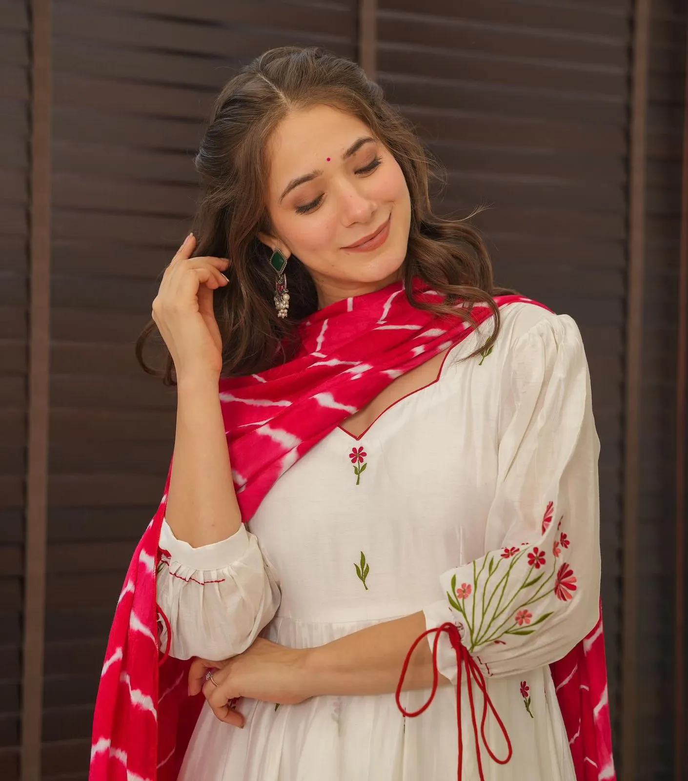 White Anarkali Suit with Red Butta and Big Flair