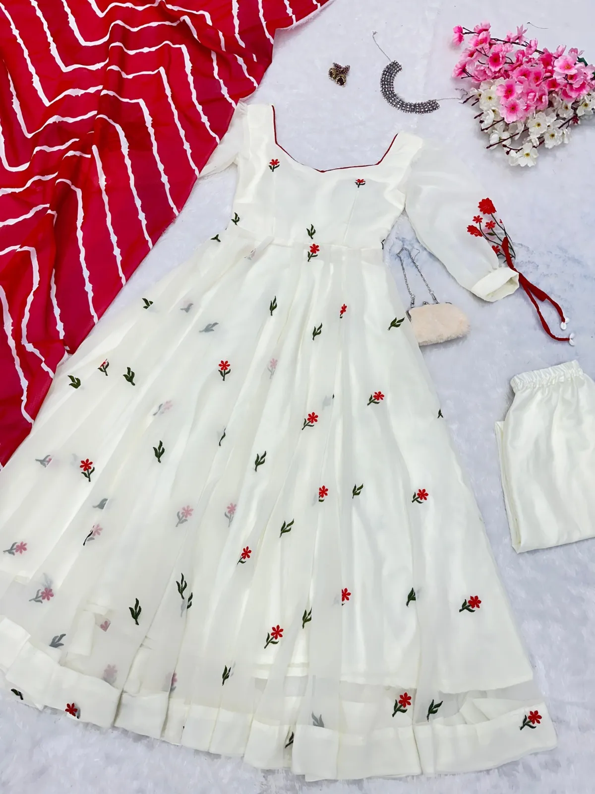 White Anarkali Suit with Red Butta and Big Flair