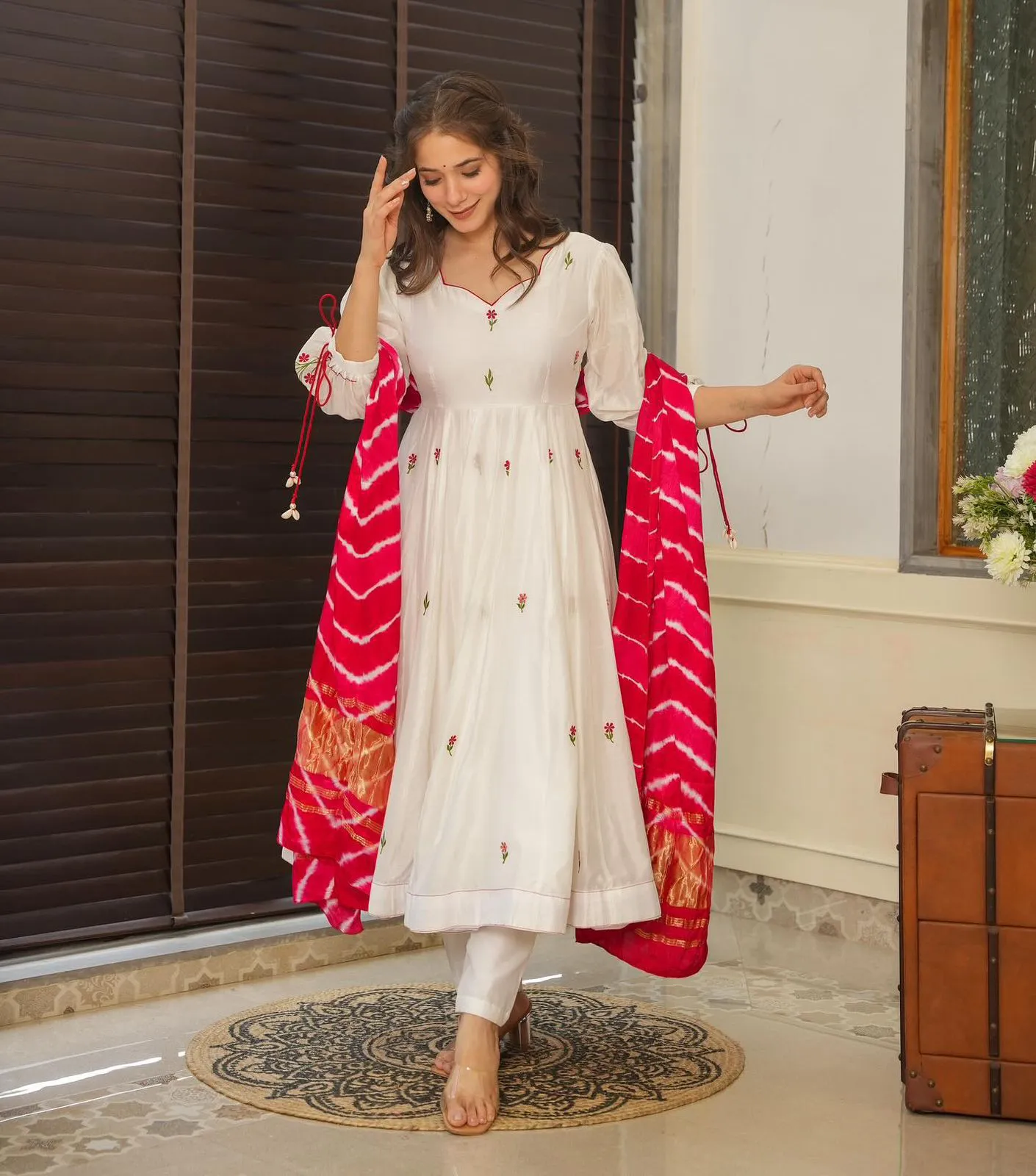 White Anarkali Suit with Red Butta and Big Flair