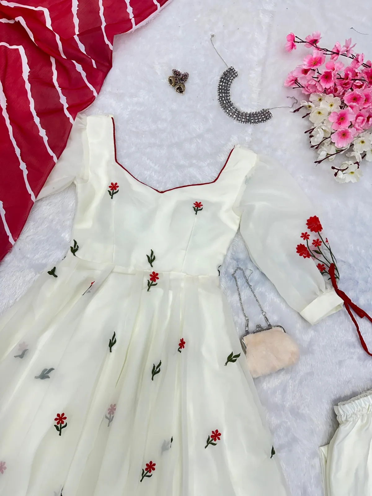 White Anarkali Suit with Red Butta and Big Flair