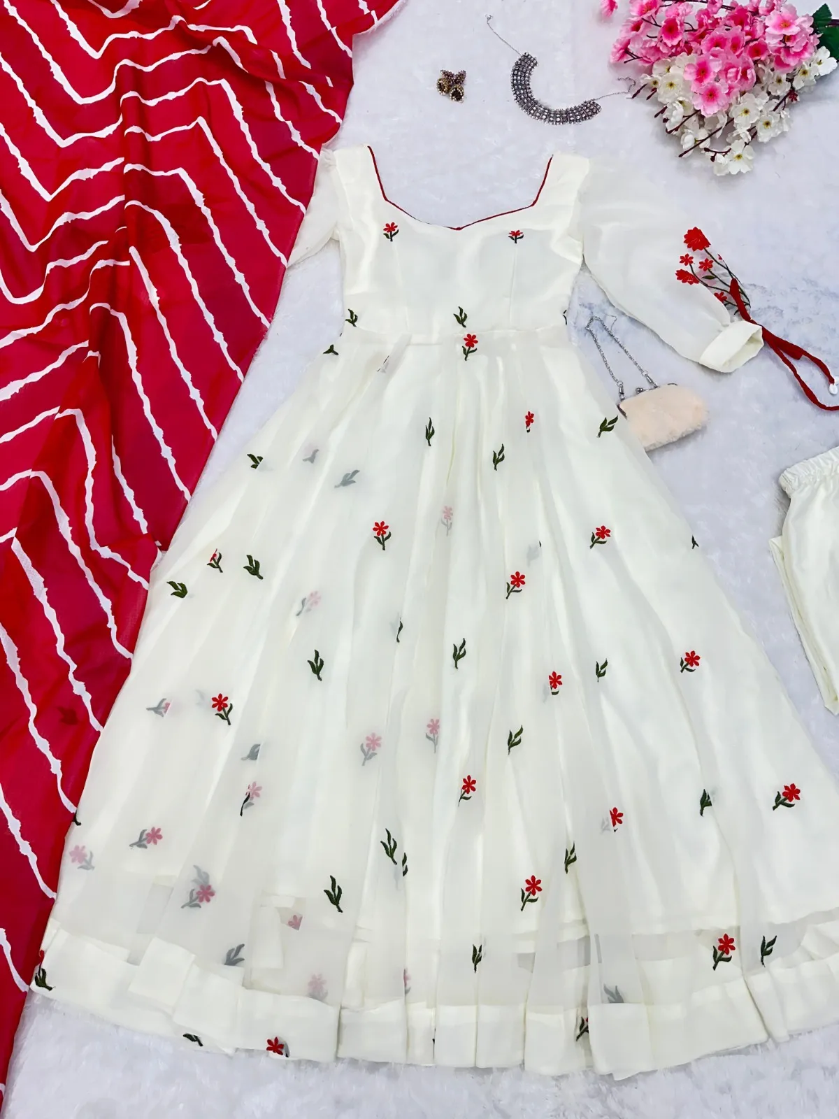 White Anarkali Suit with Red Butta and Big Flair
