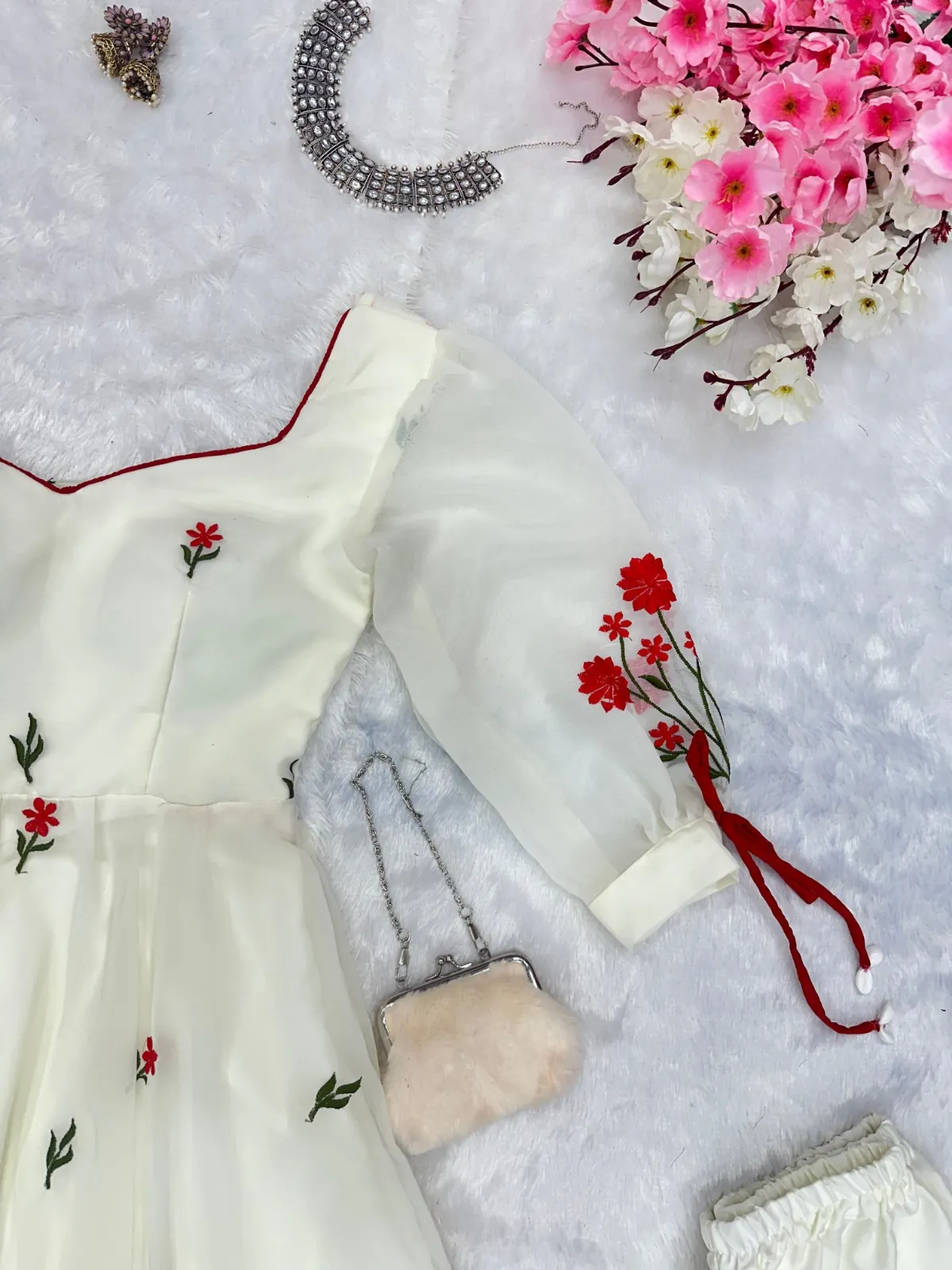 White Anarkali Suit with Red Butta and Big Flair