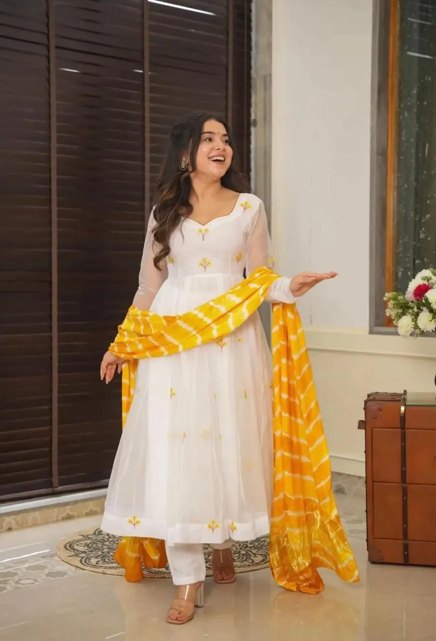 White Anarkali Suit with Yellow Embroidery for Haldi Function
