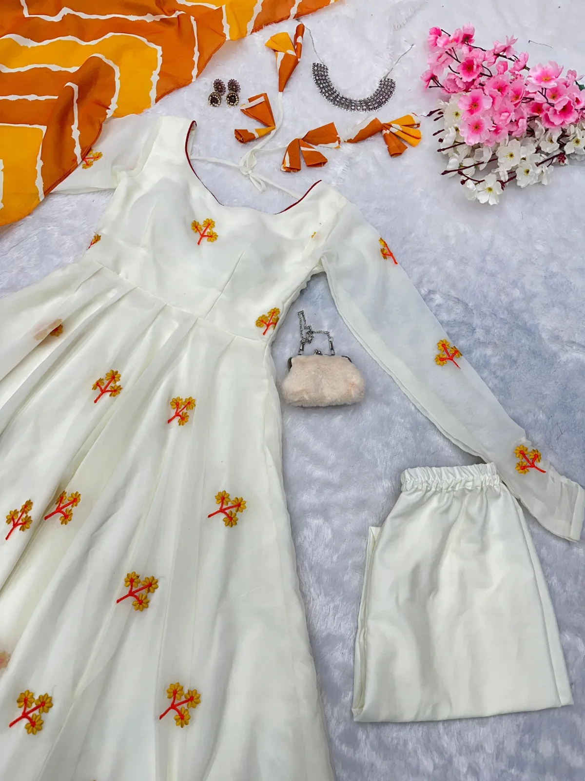 White Anarkali Suit with Yellow Embroidery for Haldi Function