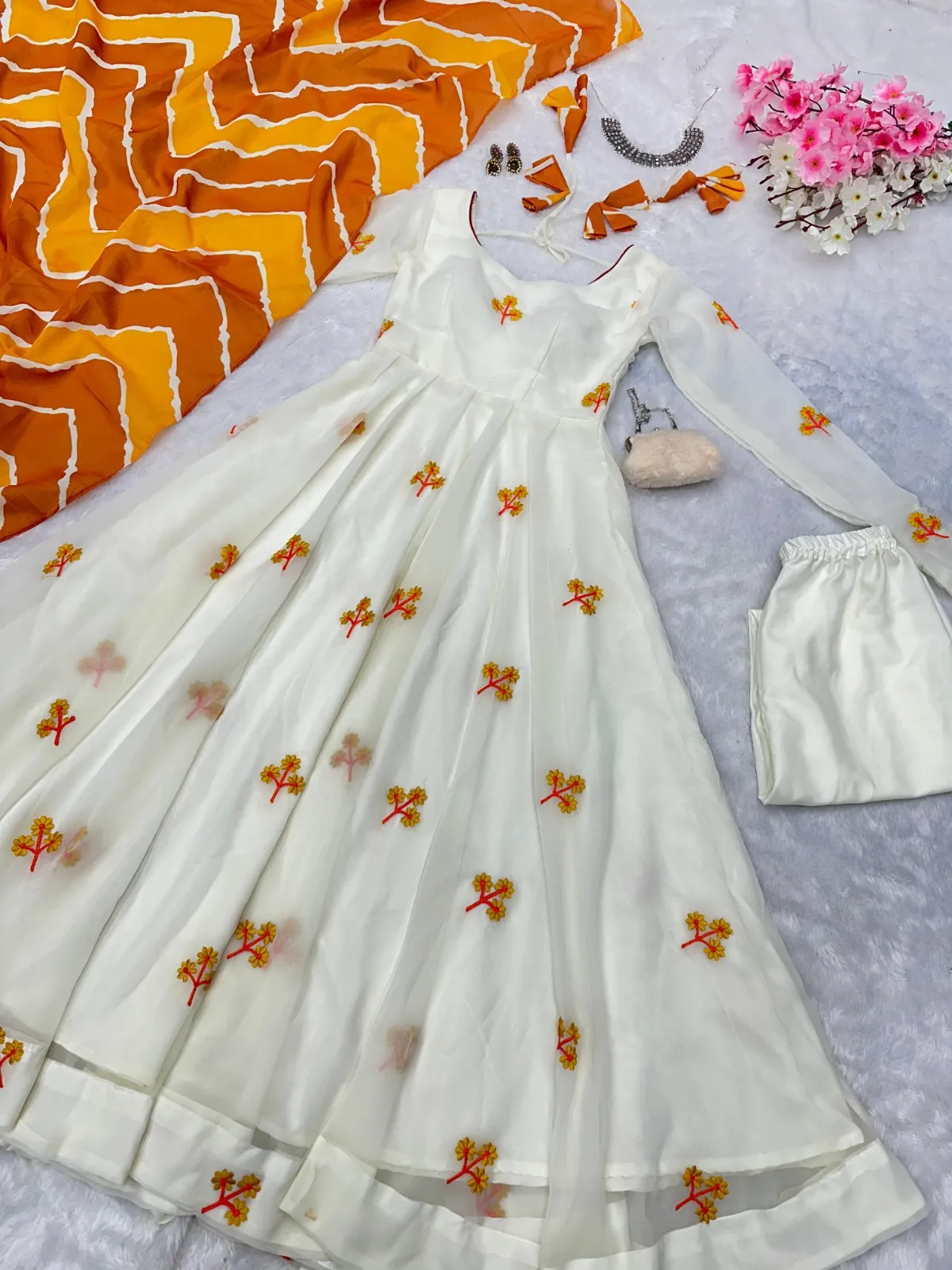 White Anarkali Suit with Yellow Embroidery for Haldi Function