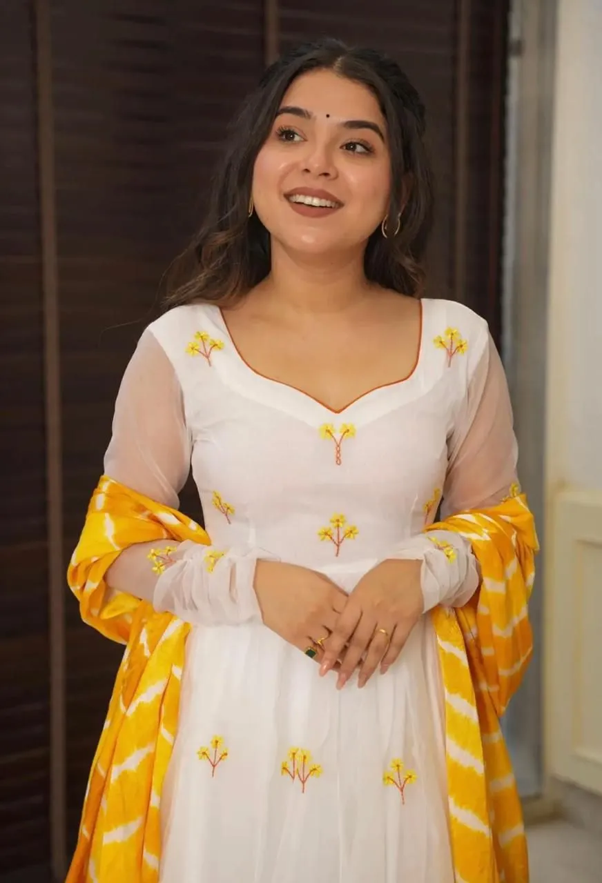 White Anarkali Suit with Yellow Embroidery for Haldi Function