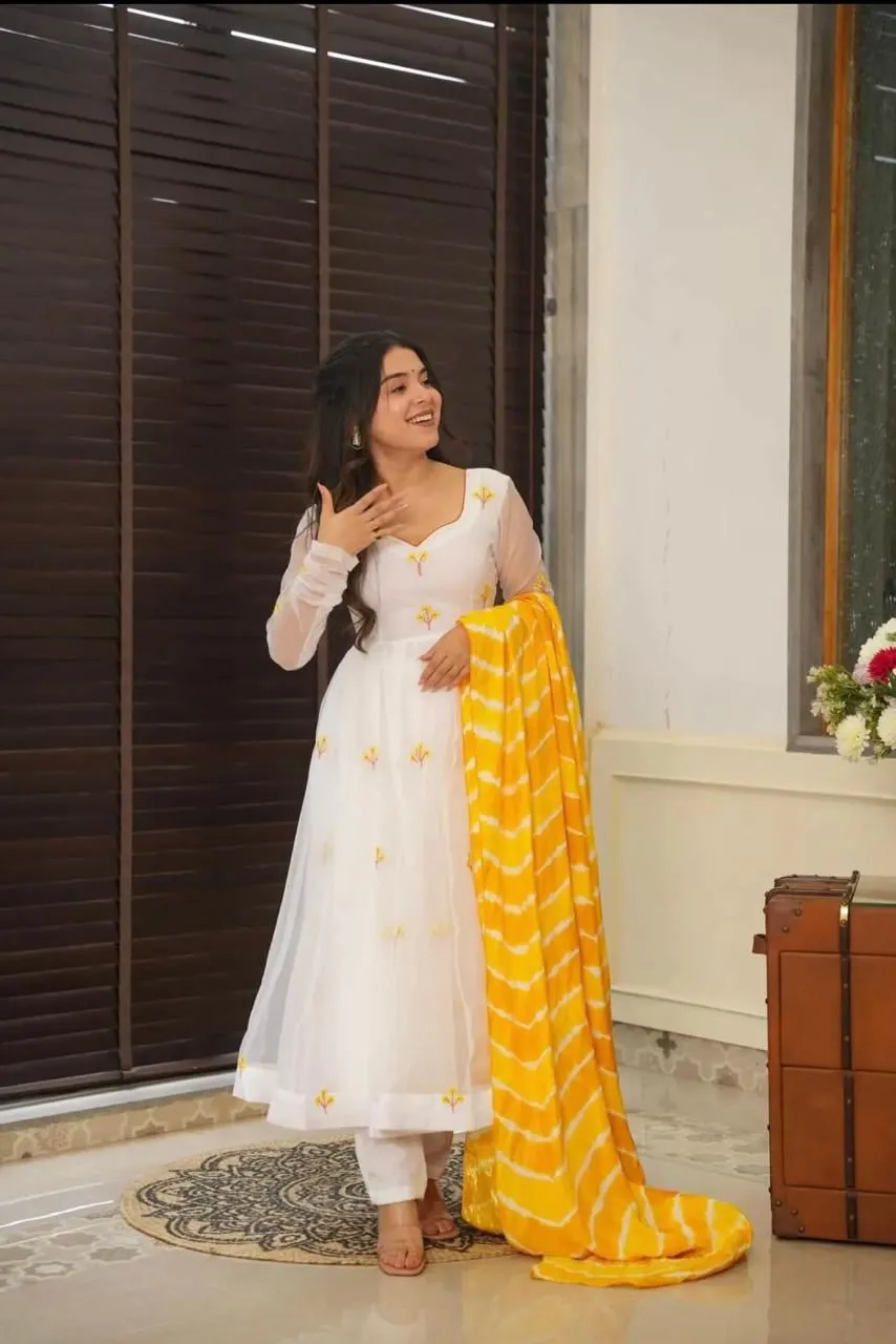 White Anarkali Suit with Yellow Embroidery for Haldi Function