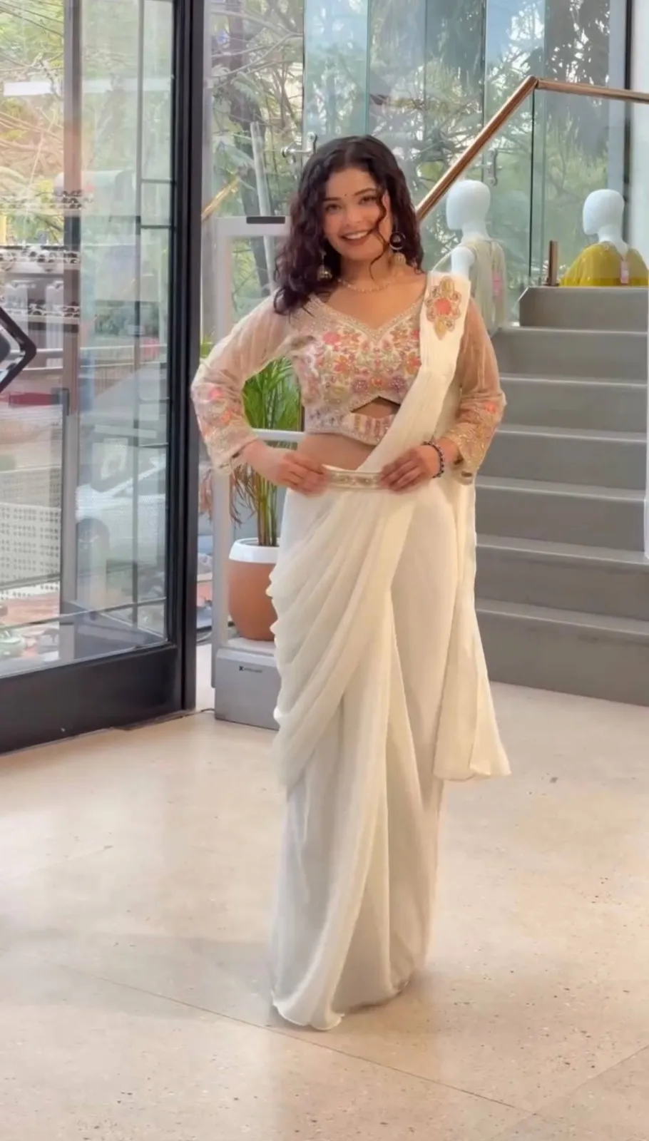 White Ready to Wear Saree with Embroidery Blouse and Belt