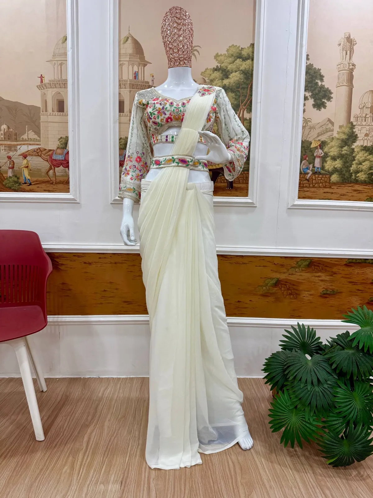 White Ready to Wear Saree with Embroidery Blouse and Belt