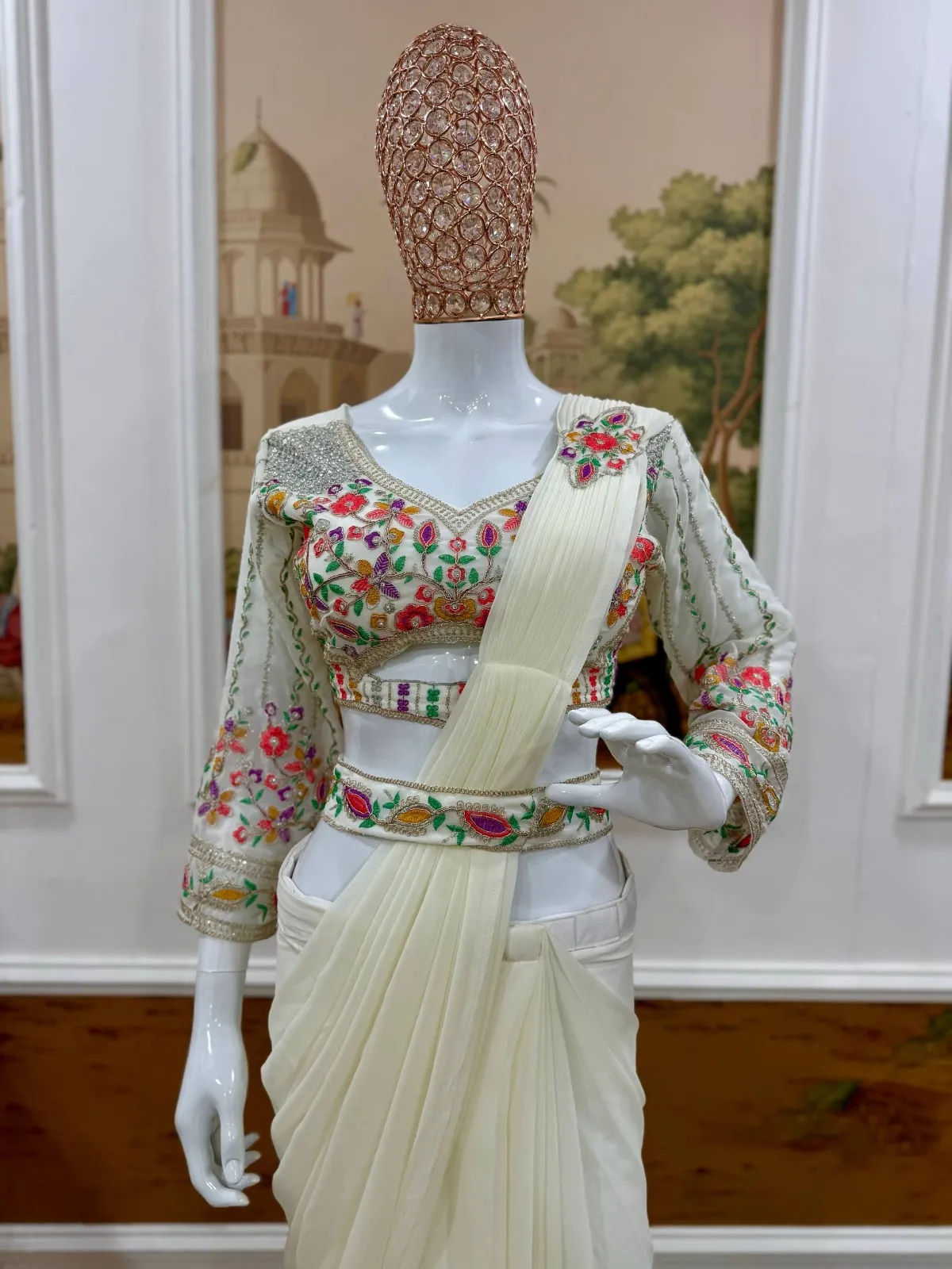 White Ready to Wear Saree with Embroidery Blouse and Belt