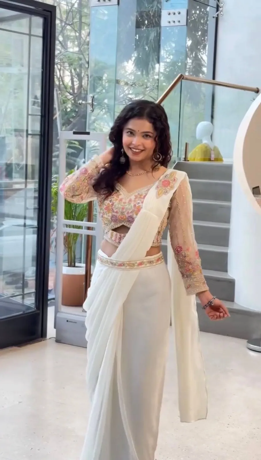 White Ready to Wear Saree with Embroidery Blouse and Belt