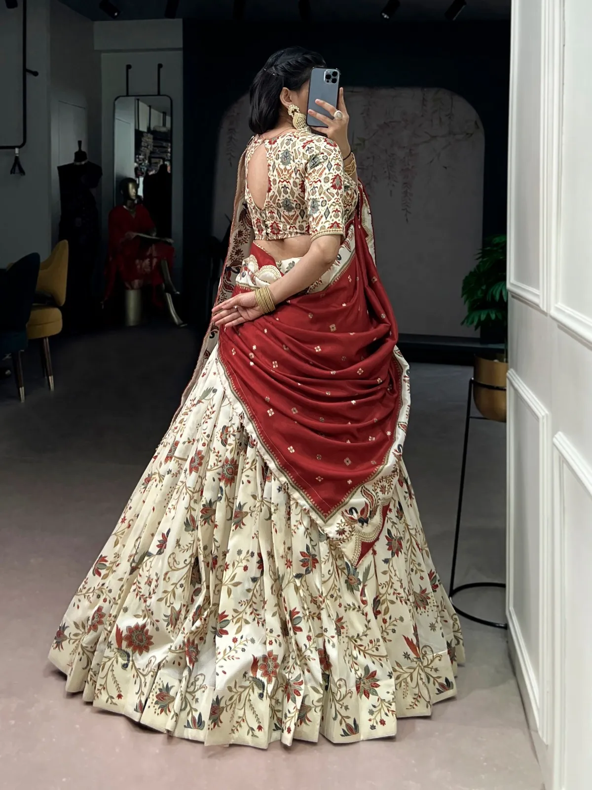 White Silk Printed Lehenga Choli