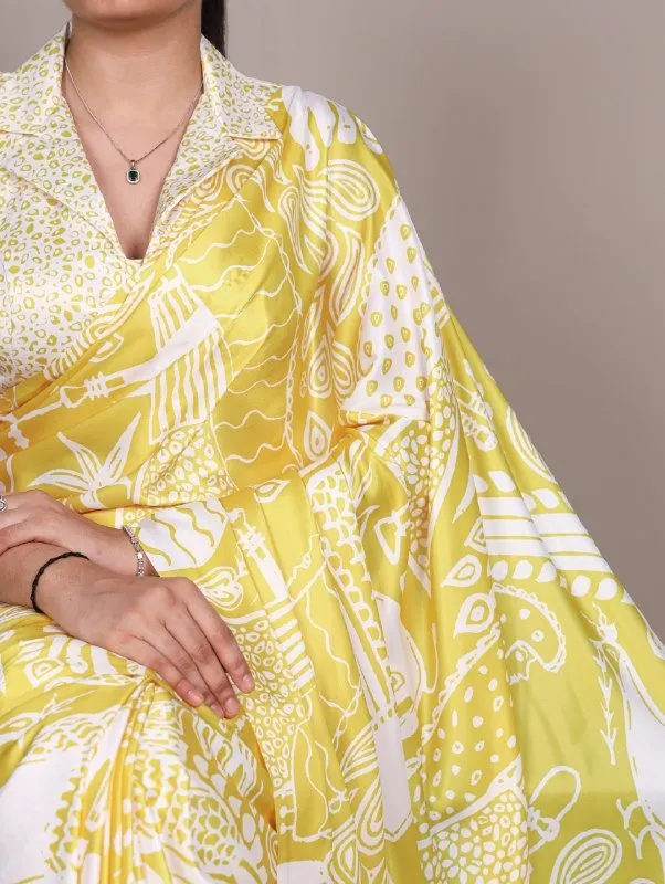 Yellow Satin Printed Sarees
