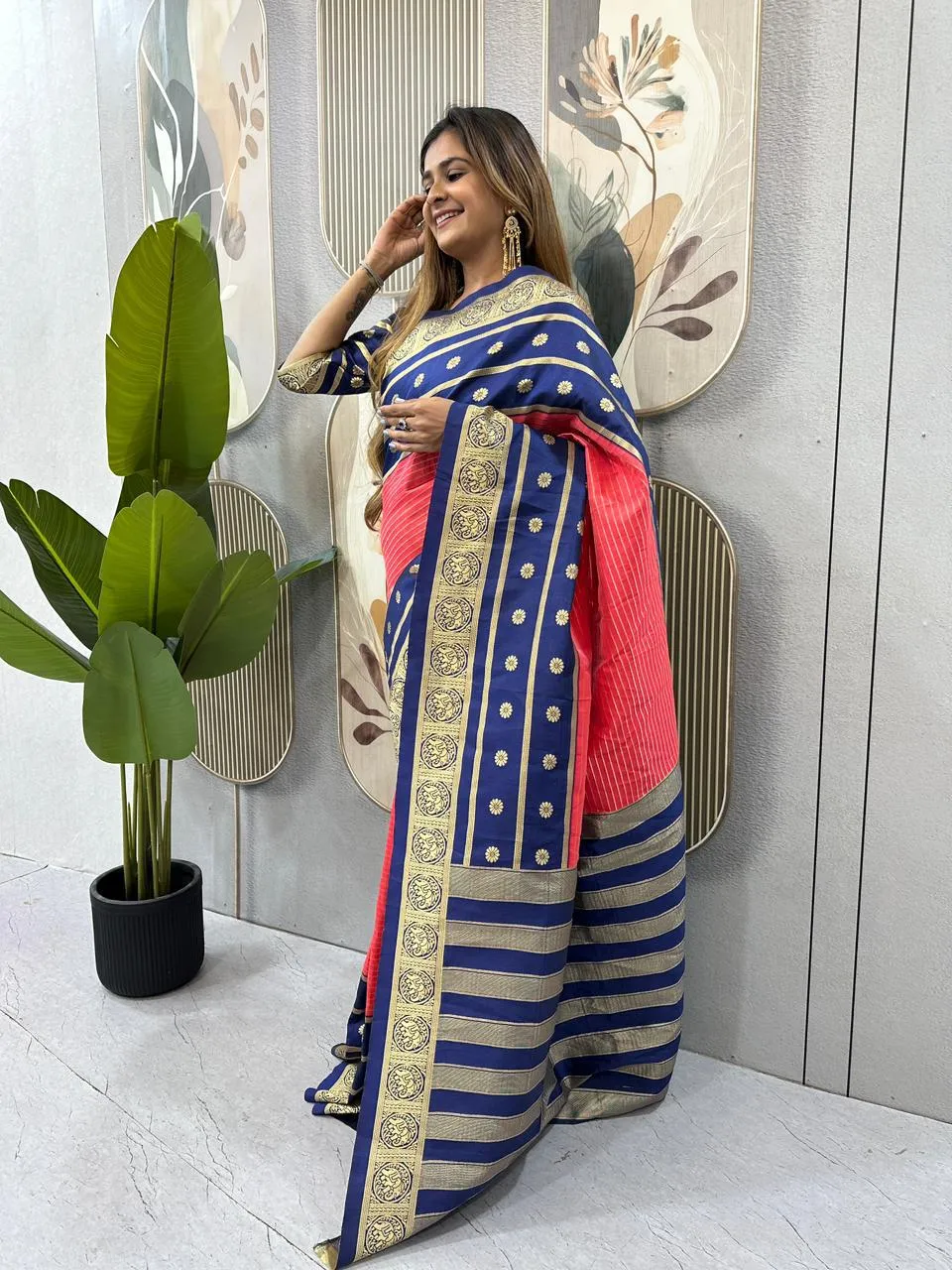 Zip and Go Saree for Wedding Blue Orange Mysore Silk Jacquard
