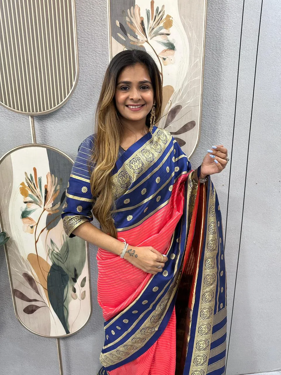 Zip and Go Saree for Wedding Blue Orange Mysore Silk Jacquard