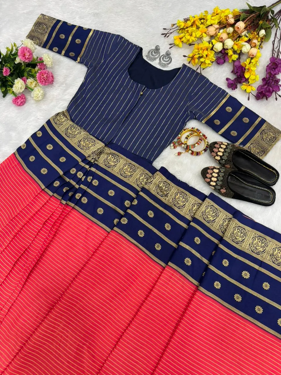 Zip and Go Saree for Wedding Blue Orange Mysore Silk Jacquard