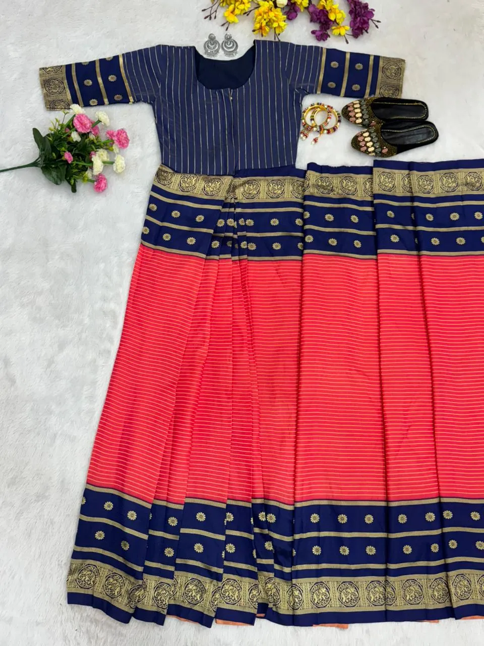 Zip and Go Saree for Wedding Blue Orange Mysore Silk Jacquard