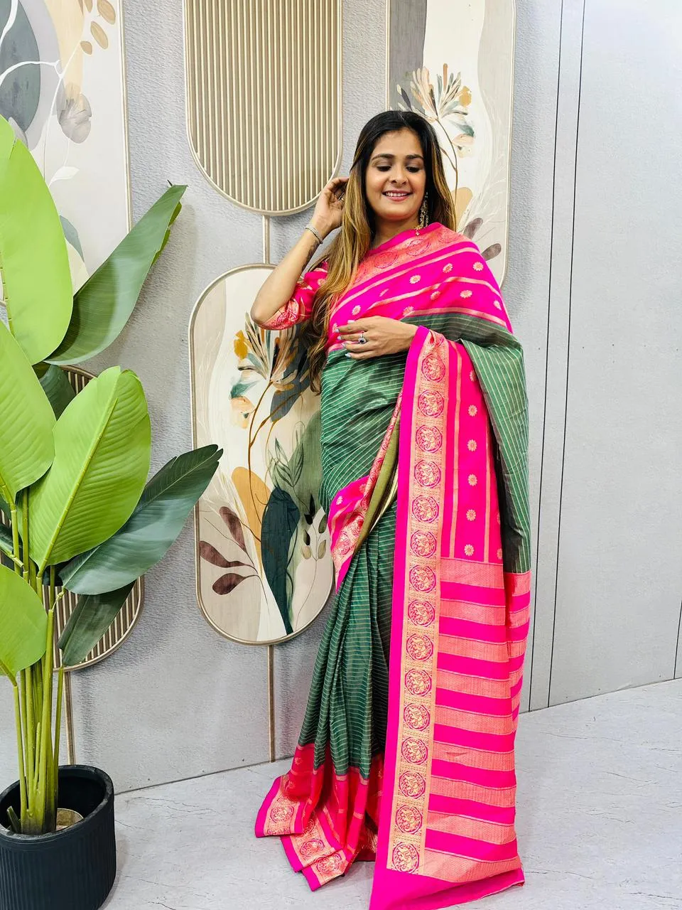 Zip and Go Saree for Wedding Green Pink Mysore Silk Jacquard