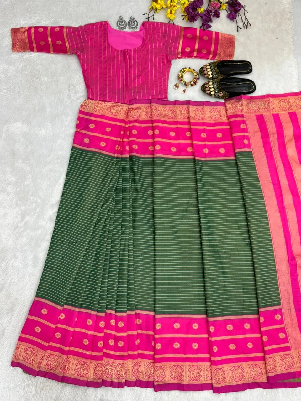Zip and Go Saree for Wedding Green Pink Mysore Silk Jacquard