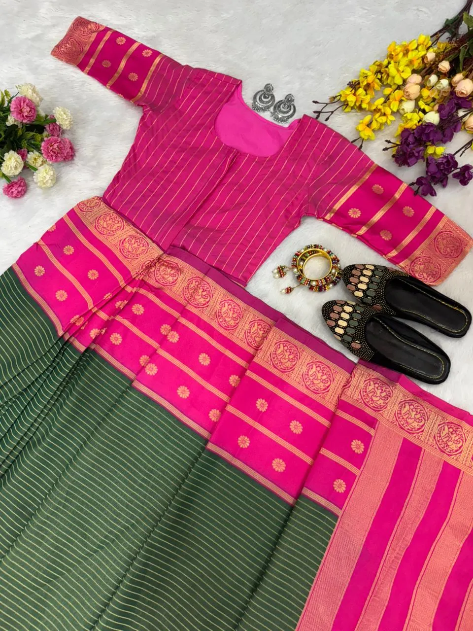 Zip and Go Saree for Wedding Green Pink Mysore Silk Jacquard
