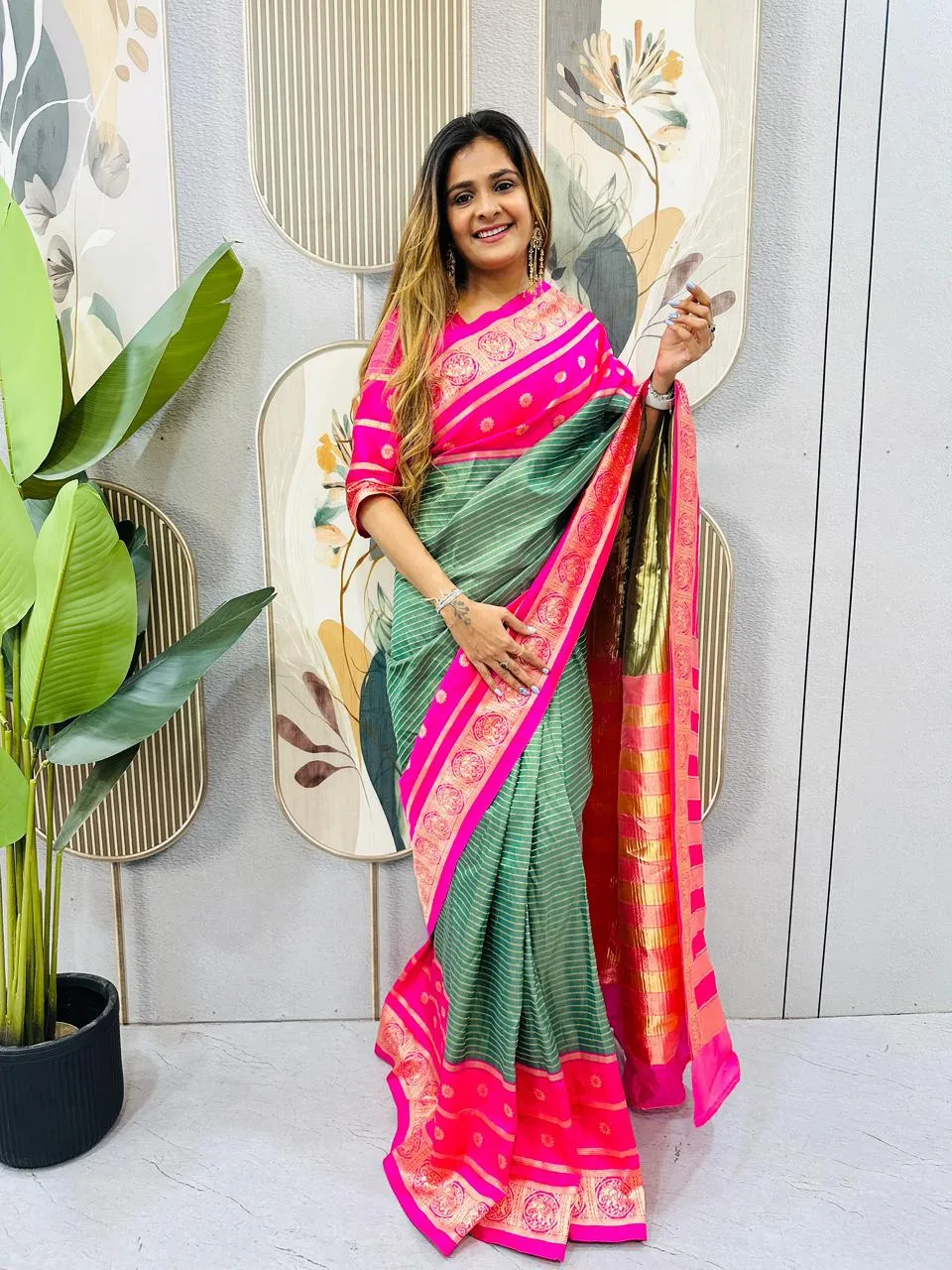 Zip and Go Saree for Wedding Green Pink Mysore Silk Jacquard