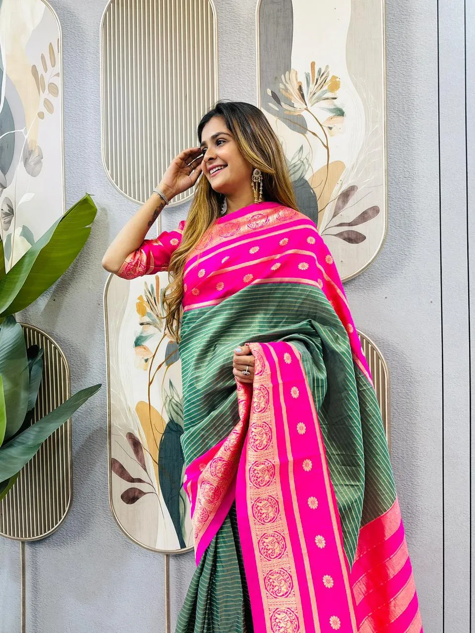 Zip and Go Saree for Wedding Green Pink Mysore Silk Jacquard