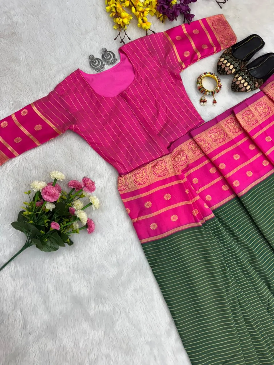 Zip and Go Saree for Wedding Green Pink Mysore Silk Jacquard