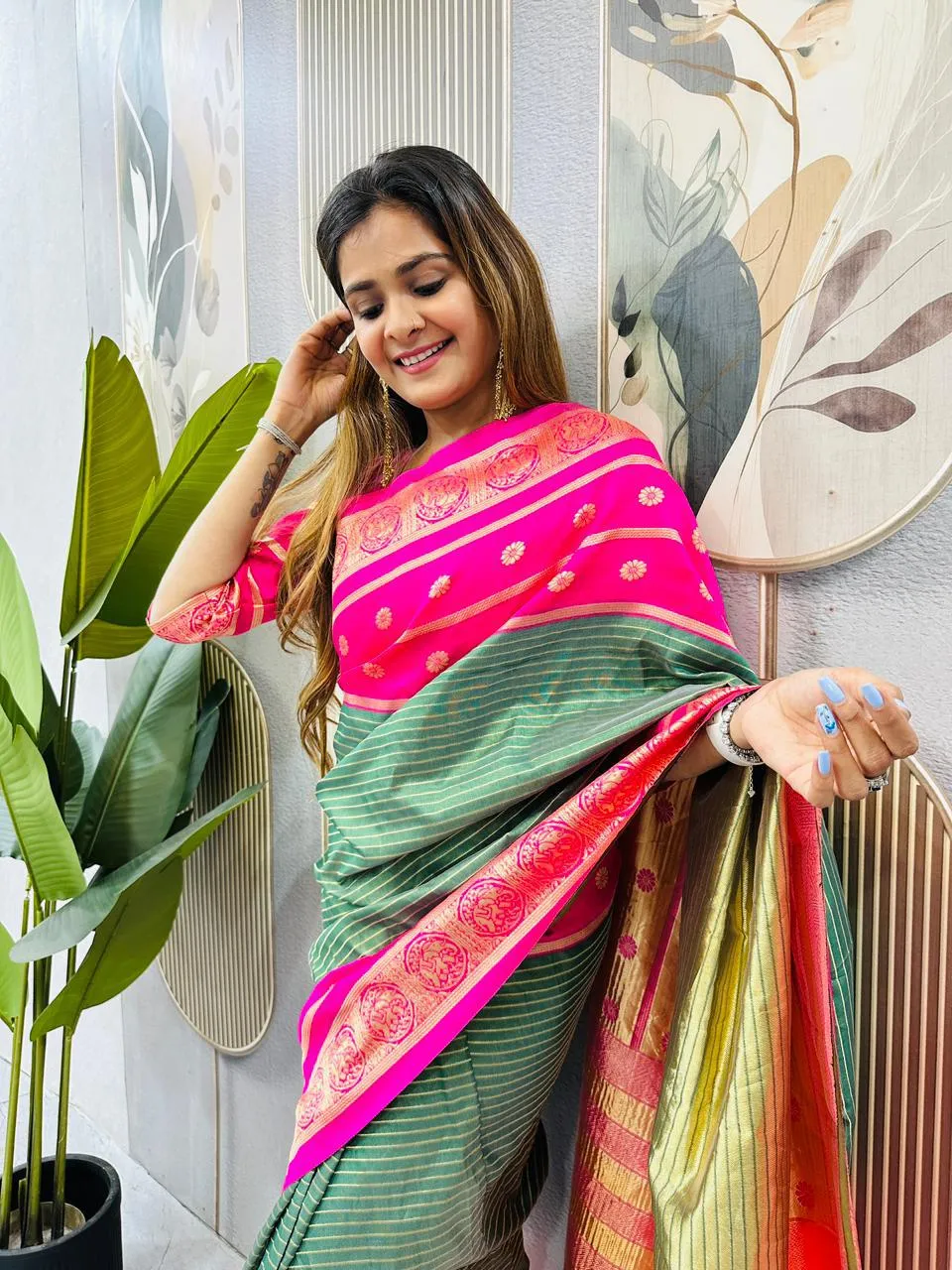 Zip and Go Saree for Wedding Green Pink Mysore Silk Jacquard